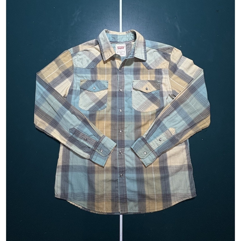 Levis Western Pearl Snap Shirt Long Sleeve Mens Medium Modern Fit Plaid Blue Tan